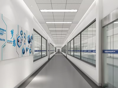 Modern Office Corridor With White Walls Blue Decorations Glass Windows And Ceiling Lights 3d model