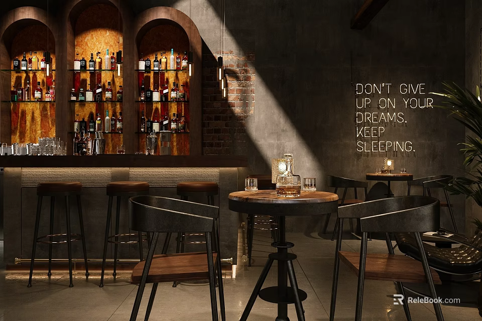 Industrial Style Bar Interior With Bar Counter Bottles Bar Stools And Round Tables 3d model 