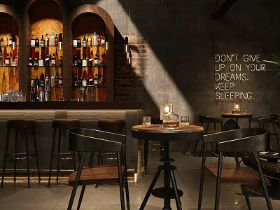 Industrial Style Bar Interior With Bar Counter Bottles Bar Stools And Round Tables 3d model