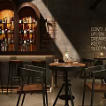 Industrial Style Bar Interior With Bar Counter Bottles Bar Stools And Round Tables