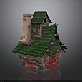 Fairy Tale Style Wooden House With Green Roof Red Door And Brick Chimney