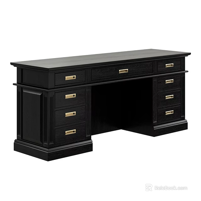 Black Dark Wood Dining Table With Multiple Drawers And Golden Handles Sturdy Structure 3d model 