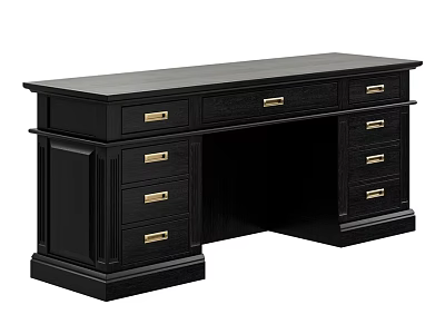 Black Dark Wood Dining Table With Multiple Drawers And Golden Handles Sturdy Structure 3d model