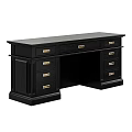 Black Dark Wood Dining Table With Multiple Drawers And Golden Handles Sturdy Structure