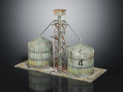 Rustic Industrial Silos With Number 4 And Metal Tower Structure 3d model