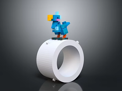 Blue Bird Sculpture Standing On White Circular Base Modern Art Design 3d model