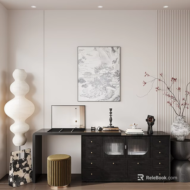 Modern Minimalist Black Wooden Dressing Table With Mirror Lamp Drawers Decorative Painting And Vase Branches 3d model 