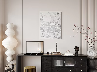 Modern Minimalist Black Wooden Dressing Table With Mirror Lamp Drawers Decorative Painting And Vase Branches 3d model
