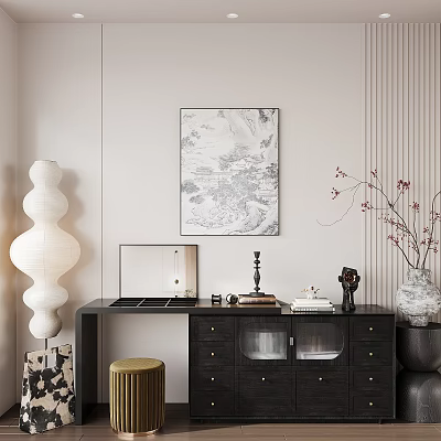 Modern Minimalist Black Wooden Dressing Table With Mirror Lamp Drawers Decorative Painting And Vase Branches 3d model