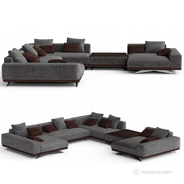 Modern Gray Sectional Sofa With Brown Accent Cushions And Modular Design 3d model