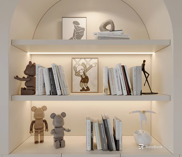 Elegant Decorative Ornament Combination Including Books Sculptures Figurines And Artworks On Display Shelves 3d model 