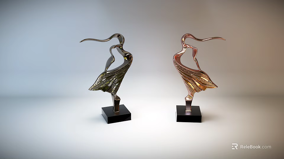 Elegant Metal Sculptures With Flowing Lines In Green And Copper Finish On Black Square Bases 3d model 