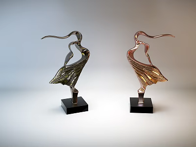 Elegant Metal Sculptures With Flowing Lines In Green And Copper Finish On Black Square Bases 3d model