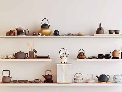 Stylish Tea Ware Collection With Various Teapots Cups On Display Shelves 3d model