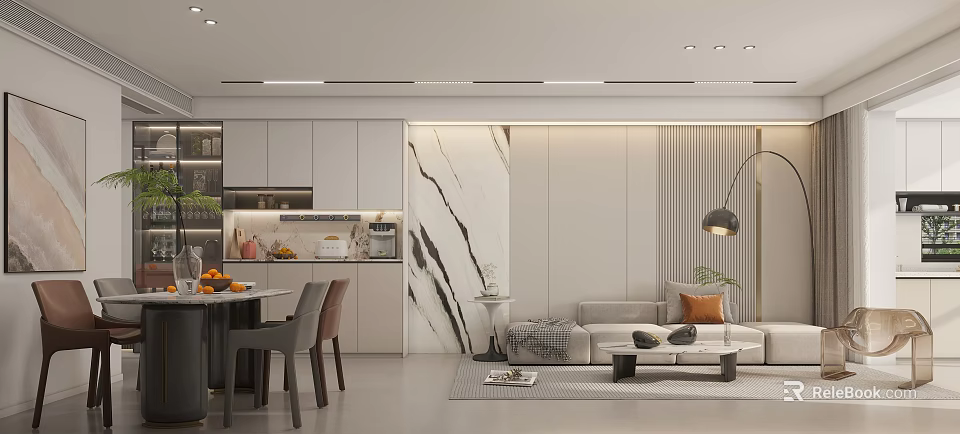 Modern Living Dining Area With Open Layout Marble Wall Sofa Dining Table And Chairs 3d model