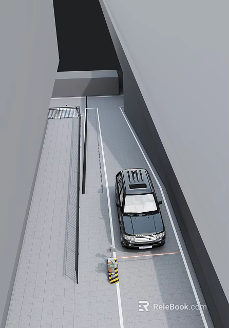 Modern Outdoor Parking Lot Entrance With Black Car Parked On Lane And Railing Barrier 3d model 