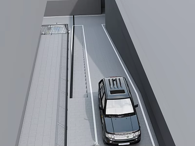 Modern Outdoor Parking Lot Entrance With Black Car Parked On Lane And Railing Barrier 3d model