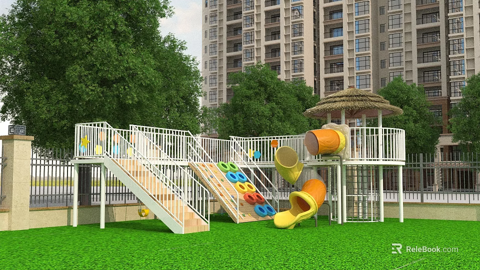 Outdoor Playground Equipment With Slides And Colorful Structures On Lawn 3d model 