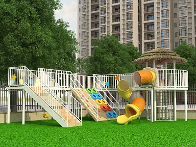 Outdoor Playground Equipment With Slides And Colorful Structures On Lawn 3d model