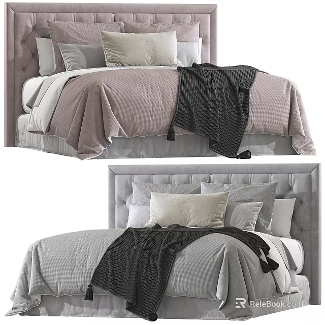 Comfortable Double Bed with Upholstered Headboard Pastel Quilt Gray Blanket and Decorative Pillows 3d model 