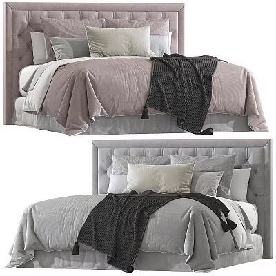 Comfortable Double Bed with Upholstered Headboard Pastel Quilt Gray Blanket and Decorative Pillows 3d model