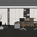 Modern Office Interior Design With Executive Desk Leather Chairs And Bookshelves