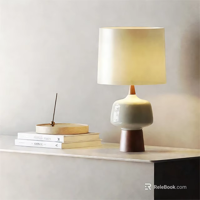 Minimalist Table Lamp with Ceramic Base and White Lampshade on Desk with Books and Tray 3d model 
