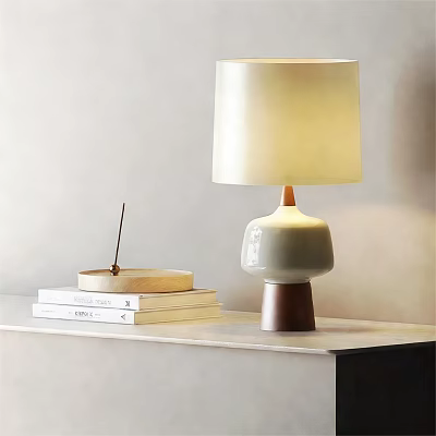 Minimalist Table Lamp with Ceramic Base and White Lampshade on Desk with Books and Tray 3d model