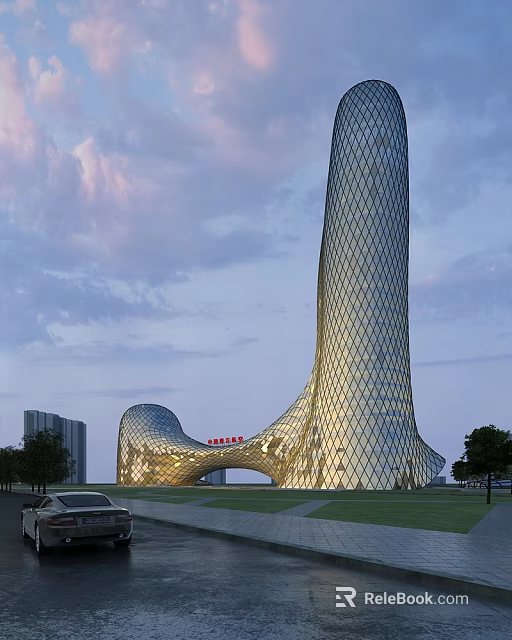Modern Office Building With Unique Glass Facade Streamlined Design And Golden Sunset Glow Surrounded By Greenery 3d model 