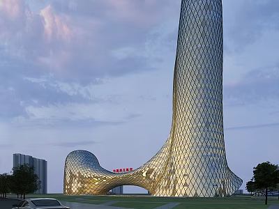 Modern Office Building With Unique Glass Facade Streamlined Design And Golden Sunset Glow Surrounded By Greenery 3d model