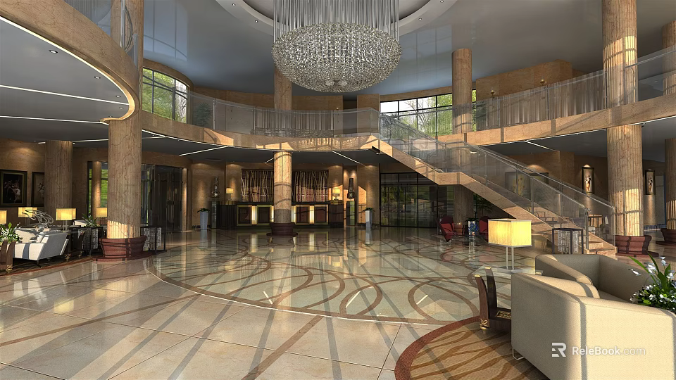 Elegant Hotel Lobby Interior With Crystal Chandelier Staircase Marble Floor And Sofa 3d model 