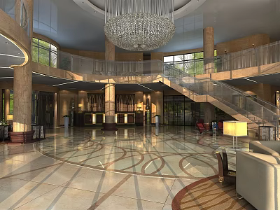 Elegant Hotel Lobby Interior With Crystal Chandelier Staircase Marble Floor And Sofa 3d model