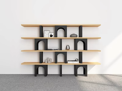 Modern Multi layer Storage Shelf With Wooden Black Arch Design And Decorative Ornaments For Living Room 3d model