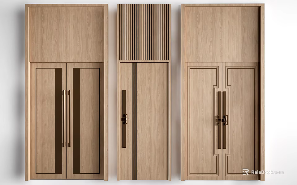 Modern Wooden Double Doors With Natural Wood Finish Metal Handles And Panel Designs 3d model 