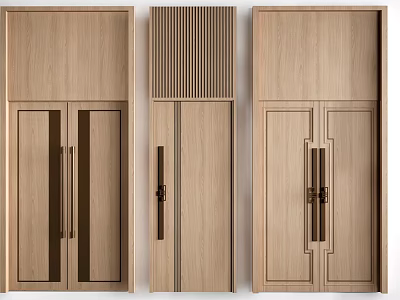 Modern Wooden Double Doors With Natural Wood Finish Metal Handles And Panel Designs 3d model