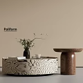 Modern Wood Grain Circular Coffee Table With Vase Flowers Cup Books And Wooden Side Table