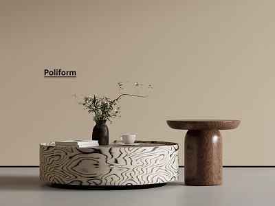 Modern Wood Grain Circular Coffee Table With Vase Flowers Cup Books And Wooden Side Table 3d model