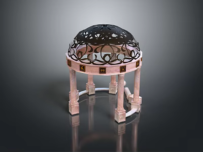 Ornate Outdoor Structure Featuring Pink Columns Black Filigree Dome And Decorative Bases 3d model