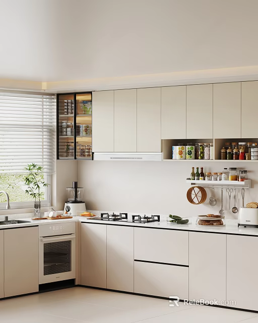 Modern Kitchen Interior Featuring White Cabinets Window Blinds Countertop Appliances And Plant Shelves 3d model 