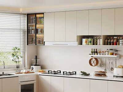 Modern Kitchen Interior Featuring White Cabinets Window Blinds Countertop Appliances And Plant Shelves 3d model