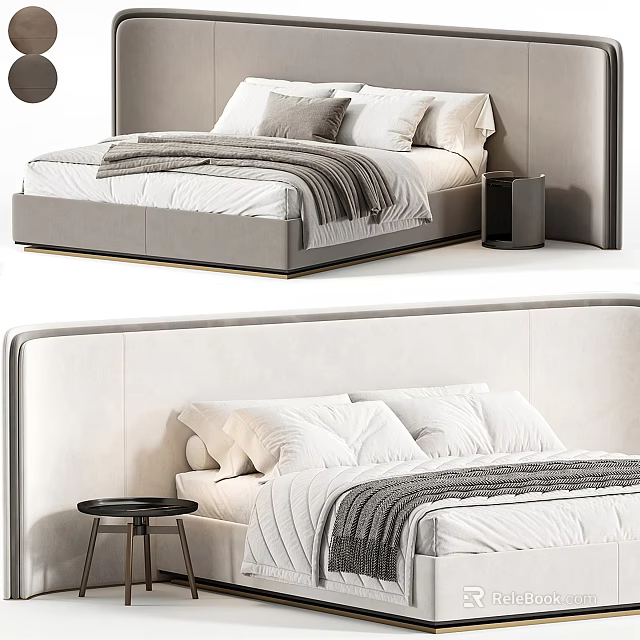 Modern Double Bed With Upholstered Headboard White Bedding Gray Throw And Side Table 3d model 