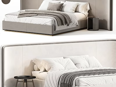 Modern Double Bed With Upholstered Headboard White Bedding Gray Throw And Side Table 3d model