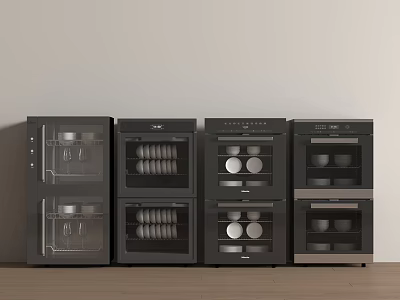 Black Kitchen Appliances with Transparent Doors Side by Side Featuring Interior Racks and Dishes 3d model