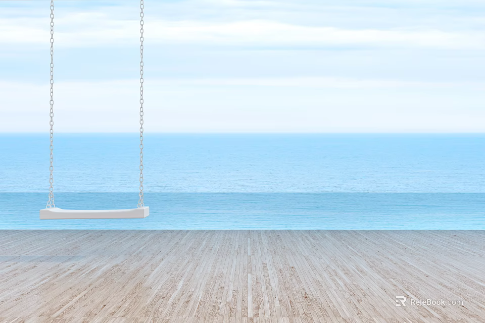 White Playground Swing On Wooden Floor With Blue Sea And Sky Background 3d model 