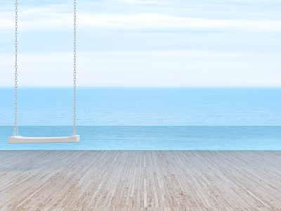 White Playground Swing On Wooden Floor With Blue Sea And Sky Background 3d model