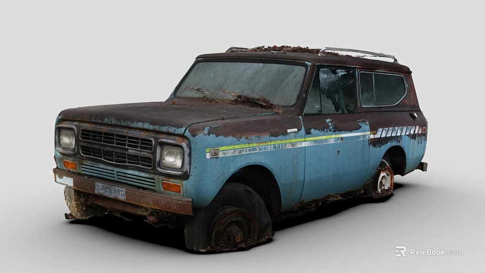 Old Rusty Blue Vintage SUV Car With Roof Rack And Worn Exterior 3d model 