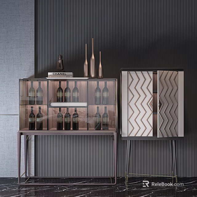 Modern Wine Cabinet With Glass Doors Shelves Wine Bottles And Decorative Vases 3d model 