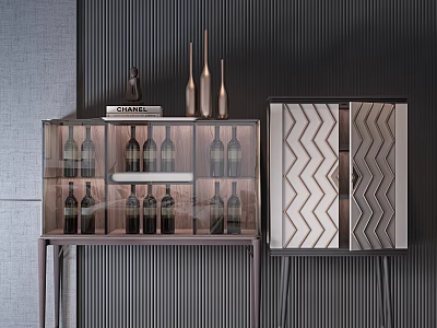 Modern Wine Cabinet With Glass Doors Shelves Wine Bottles And Decorative Vases 3d model