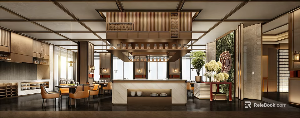 Elegant Modern Restaurant Interior With Open Design Marble Bar Counter And Hanging Chandeliers 3d model 