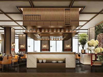Elegant Modern Restaurant Interior With Open Design Marble Bar Counter And Hanging Chandeliers 3d model